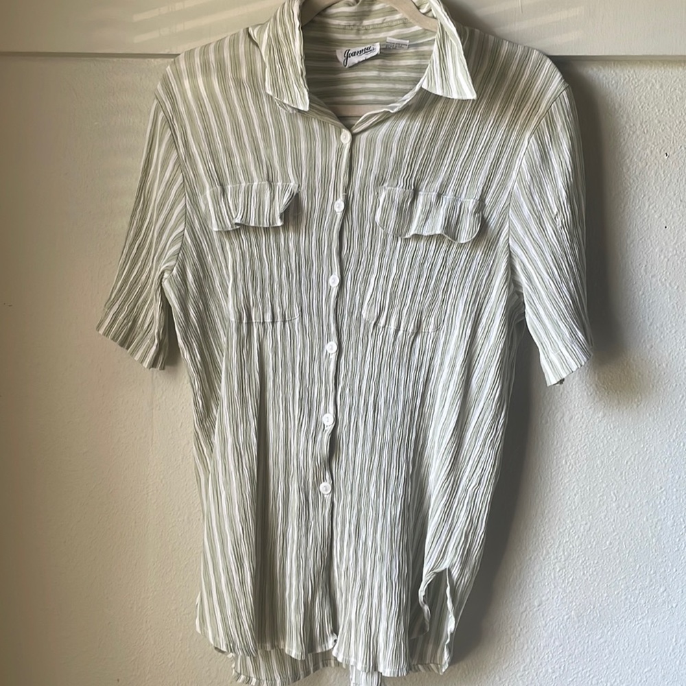 Vintage sage green crinkle striped short sleeve button down shirt by Joanna